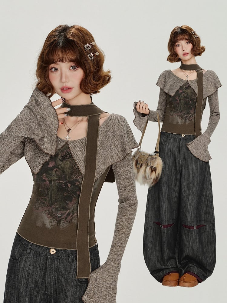 Vintage Long Sleeve Top with Ruffled Capelet Collar and Floral Print - Girlyhalo