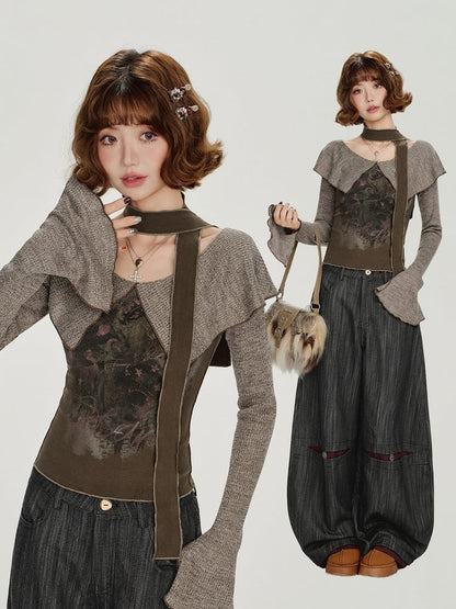 Vintage Long Sleeve Top with Ruffled Capelet Collar and Floral Print - Girlyhalo