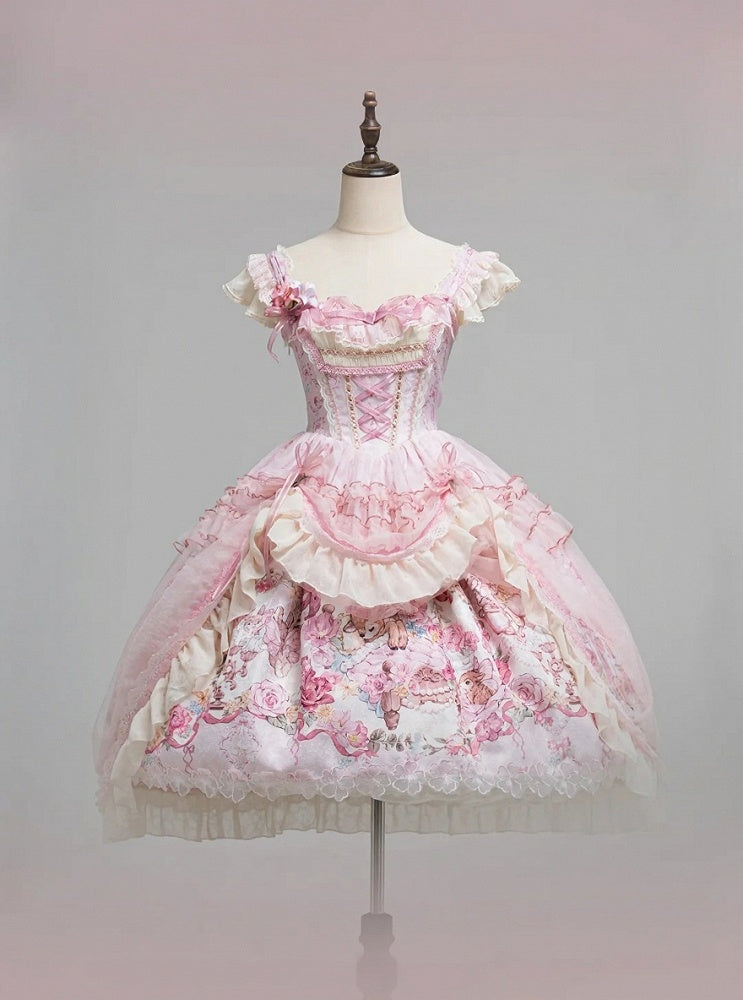 Pink Deer & Floral Print Flutter Sleeves Sweet Lolita JSK Dress with Overlay - Honey Machine