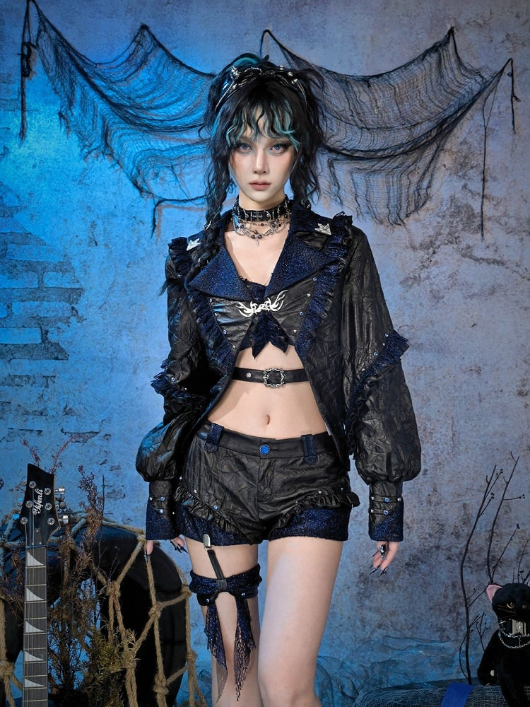 Rock and Bow with PU Punk Waist Shorts Low Y3K Ruffles