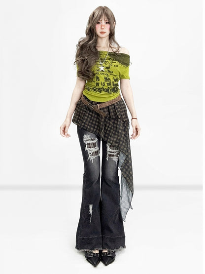 Vintage Y2K Off-Shoulder Tee with Letter Print in Light Green - ReddaChic