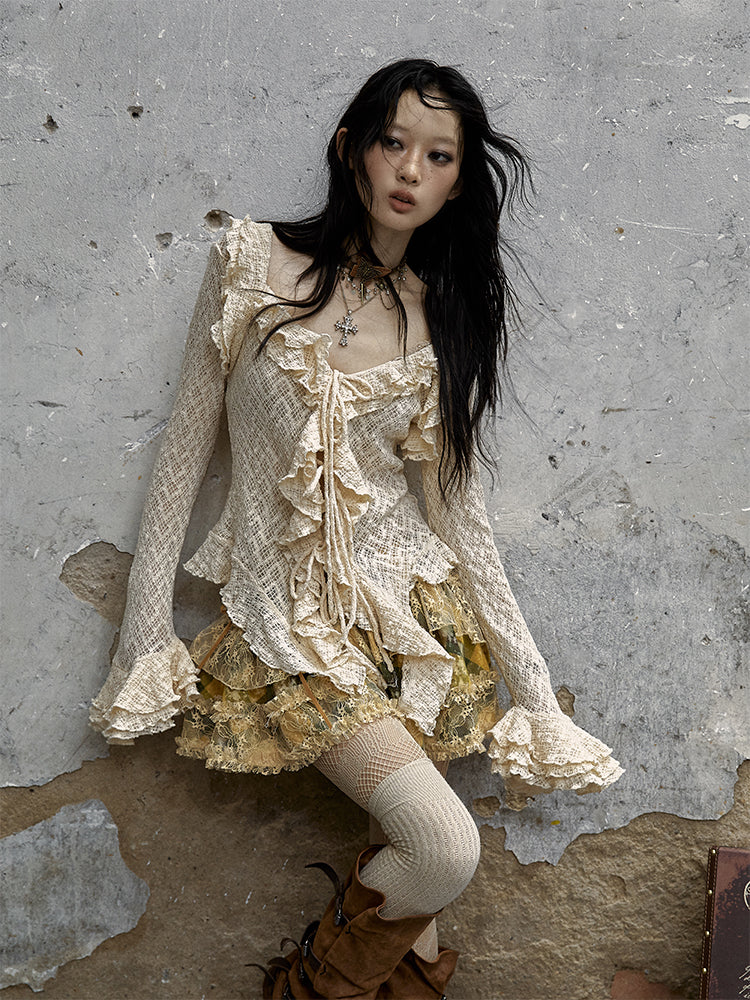 Drawstring Bell Detail Vintage with Ruffle Apricot Sleeves Blouse