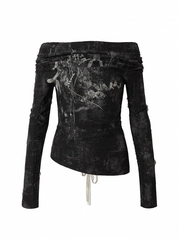 Print Reversible Punk Off-Shoulder and Front Top Distressed Black with Detail Lace-Up