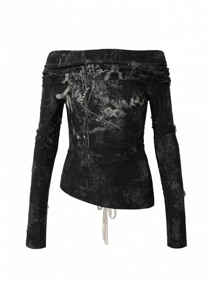 Print Reversible Punk Off-Shoulder and Front Top Distressed Black with Detail Lace-Up
