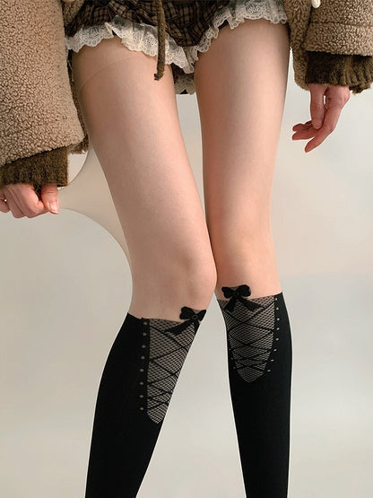 Black Fishnet Panel Stockings Lace-Up