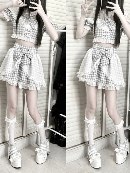 Plaid Idol Design Neckline Bowknot+ Set- Off-the-shoulder Choker High Waist Top Jirai Kei Gray + Bunny Skirt+ Ears