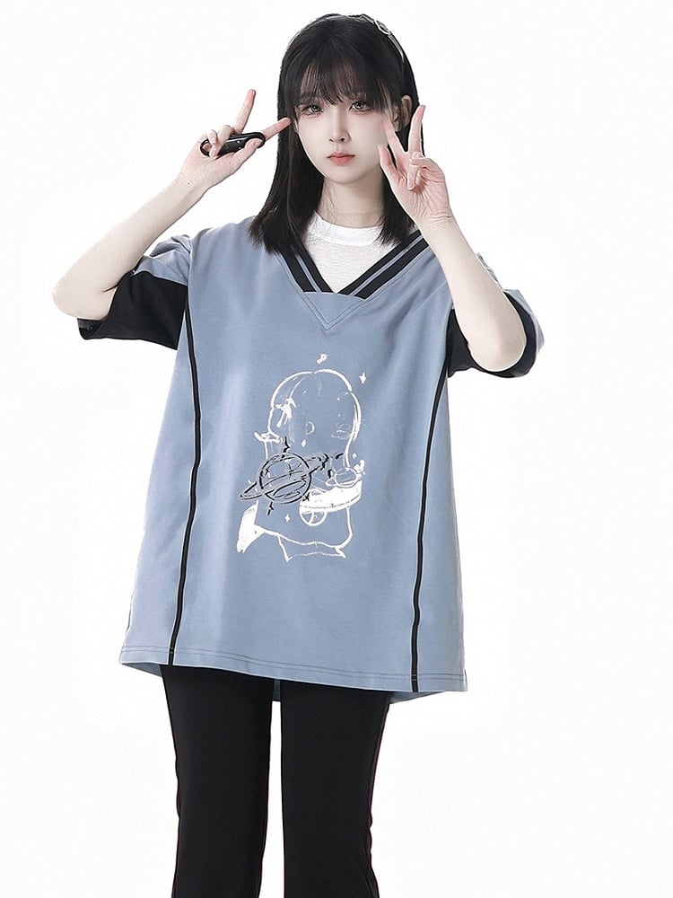 Two-pieces Neck Blue/Red Round Faux Light Graphic T-Shirt