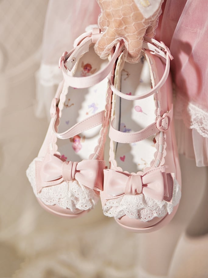 Top Herz Plateaus Schnallen an Schleife Baby Pink Besatz Spitze