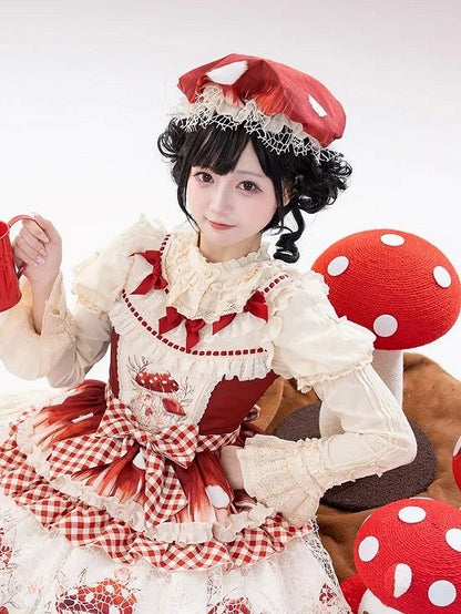 Red Beige Tie-Dye Mushroom Hat with Lace Netting - Honey Machine