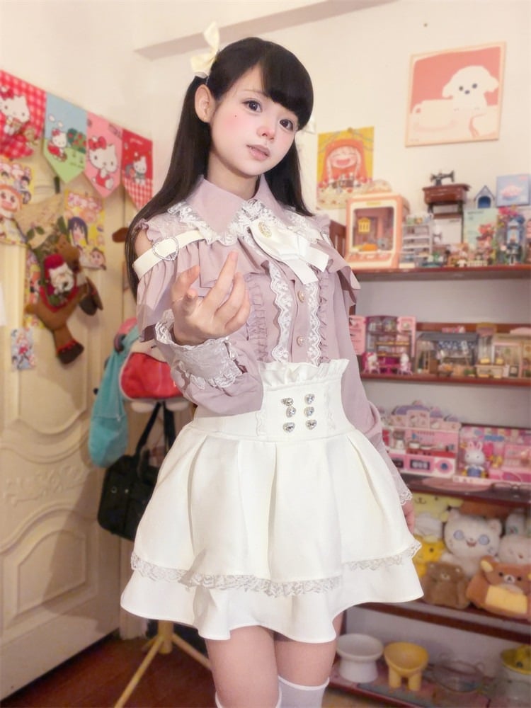 Ryousangata Trim White Skirt High-Waist Rhinestone-Embellished Lace