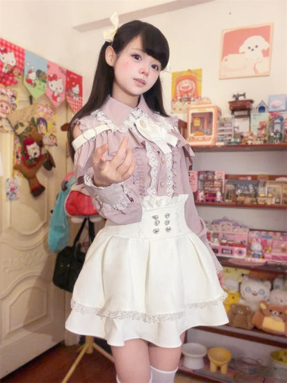 Ryousangata Trim White Skirt High-Waist Rhinestone-Embellished Lace