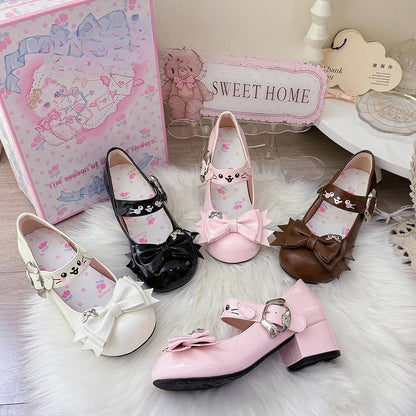 White Sweet Lolita Mid-heel Mary Janes with Puppy Details & Top Bow