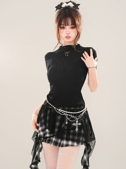 ブラック/ホワイト バタフライ モックネック Tシャツ 背中にレースパッチワーク