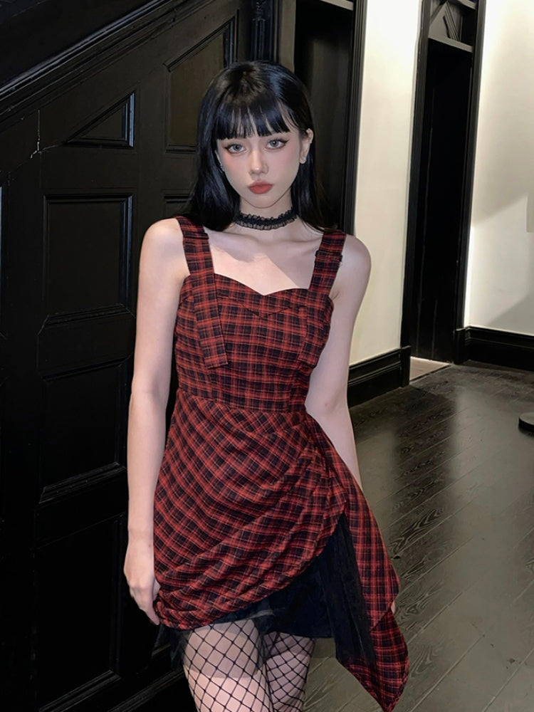Red & Black Plaid Asymmetrical Hem Slim-fitting Sleeveless Dress