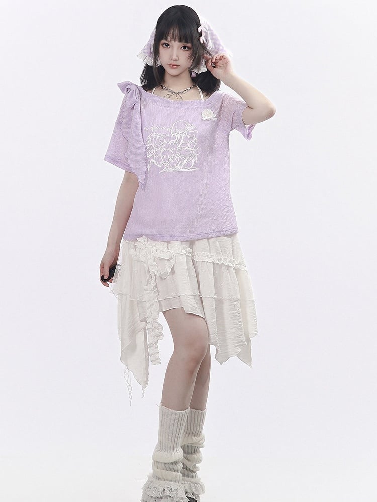 White Asymmetrical Cut Skirt with Lace Accents - PINK SAVIOR