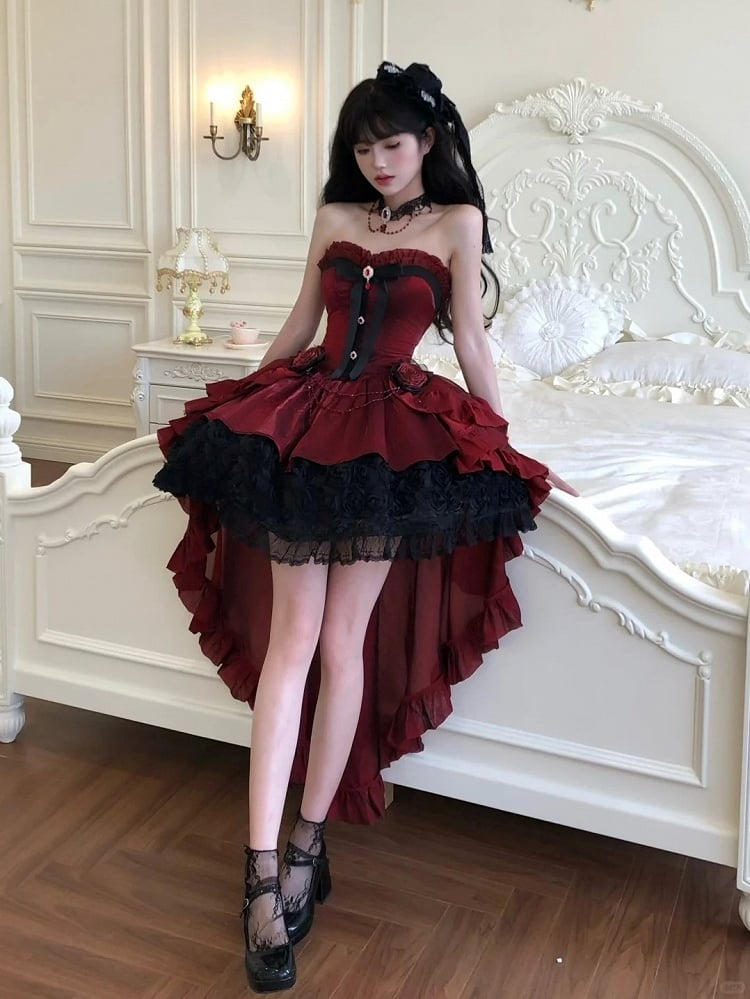 Lolita Bouquet Strapless Boned Red Gothic Hem with Black Rose Dress