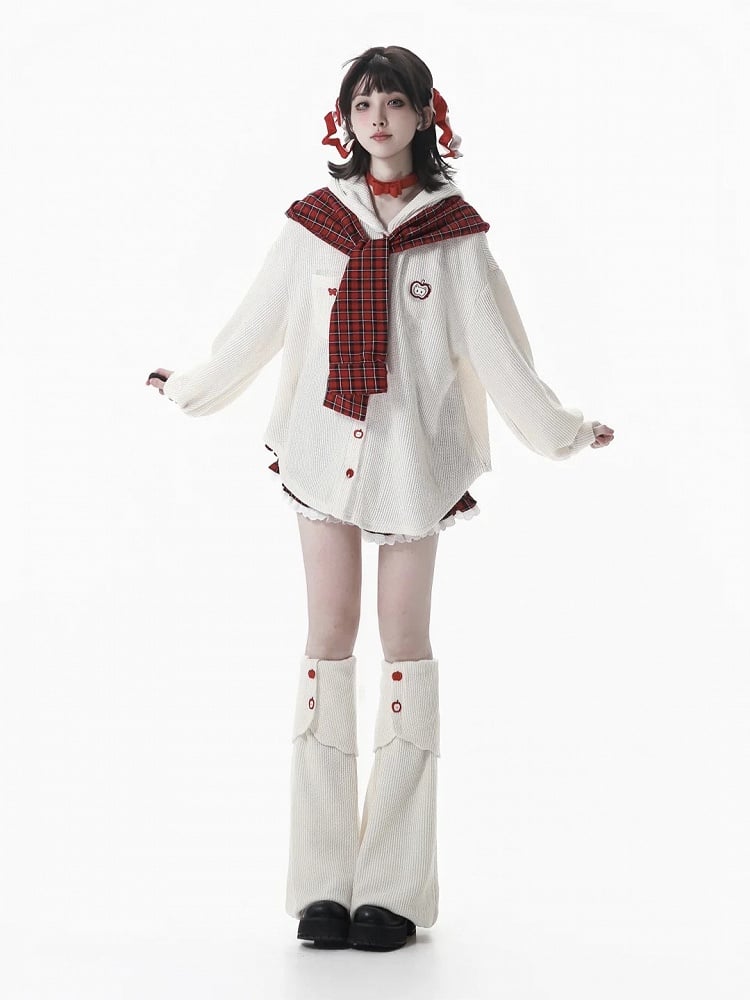 Hood White Knit Red Plaid with Scarf Regular/Thicken Hoodie Detachable