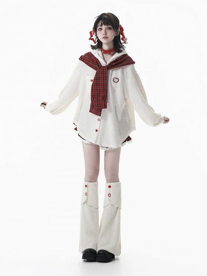 Hood White Knit Red Plaid with Scarf Regular/Thicken Hoodie Detachable