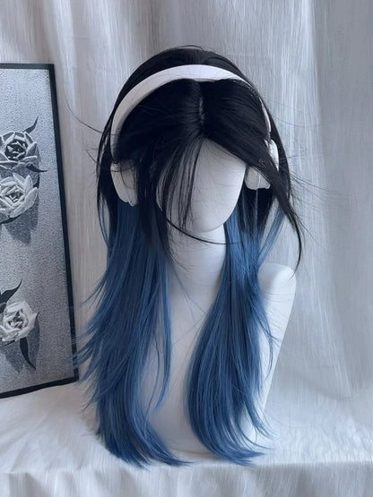 avec perruque frange rideau bleue style Ombré Noir Lisse 65CM Ouji