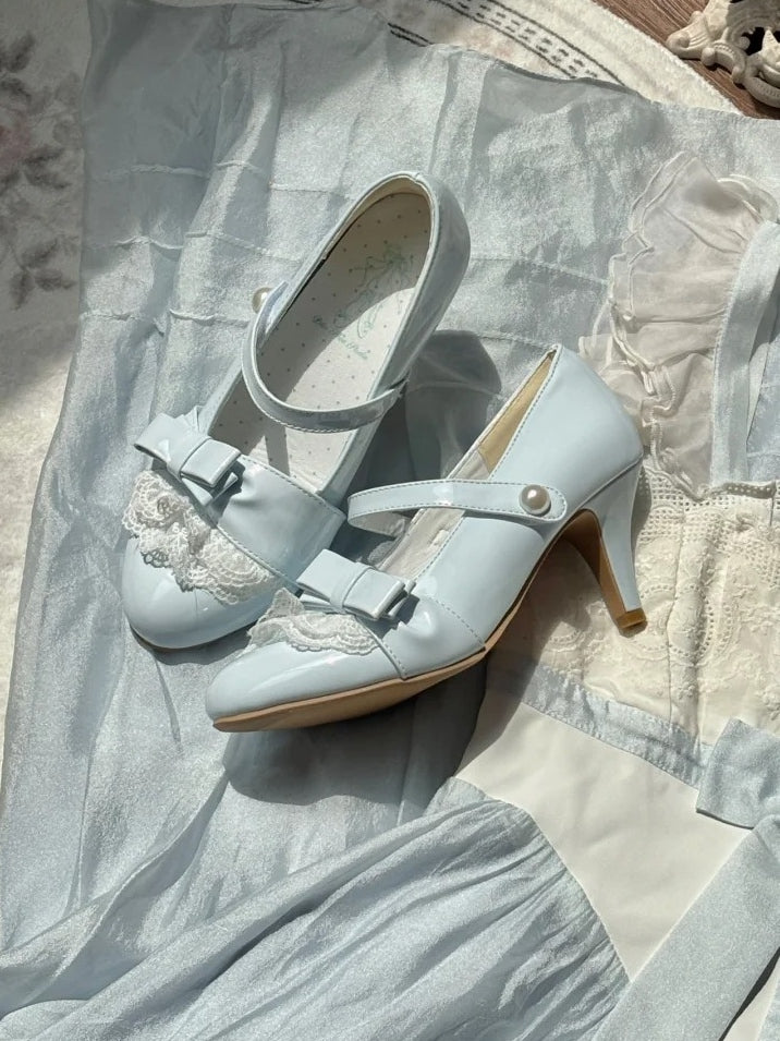 Lolita Style Sweet - with PU Lace Detachable Blue Heels Trim Leather