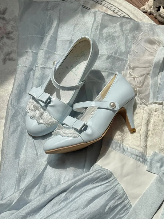 Lolita Style Sweet - with PU Lace Detachable Blue Heels Trim Leather