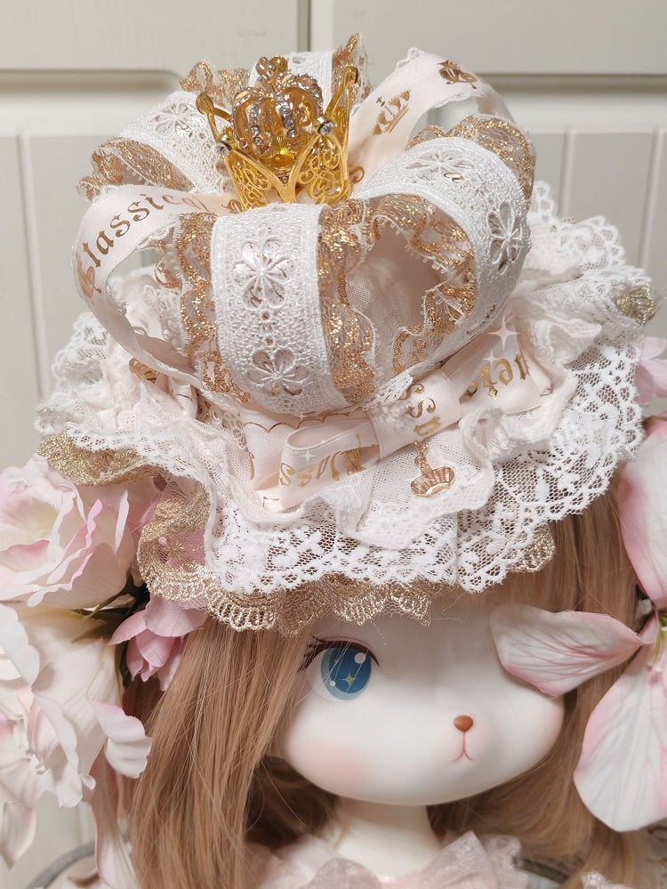 Hat Lolita Pink Gorgeous Crown Mini White Lace Gold Clip With