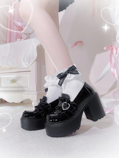 Platform Kei Black Polished Detail Heel Jirai with Sweetheart Loafers 9.5cm Beaded