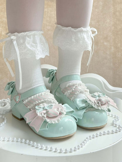 Green Leather Candy Clip PU Shoes Sweet Mint Low-heel Pink Heart with