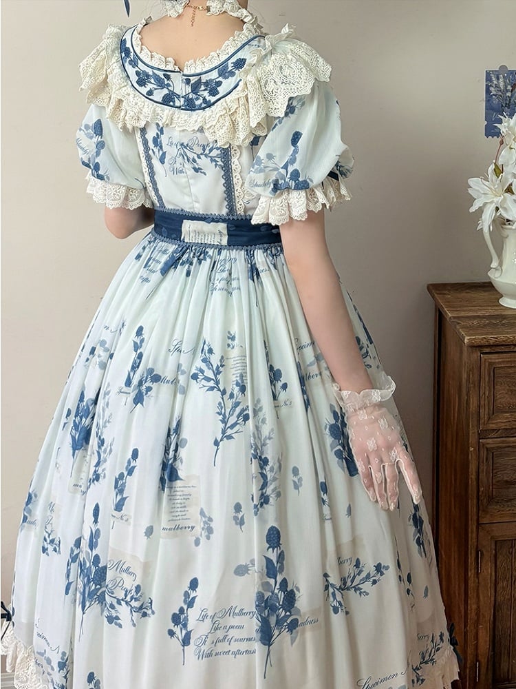 Poetry‌ Print Blue and Sizes Classic Sash Dress Plus with Available Self-tie Elegant Mulberry Lolita