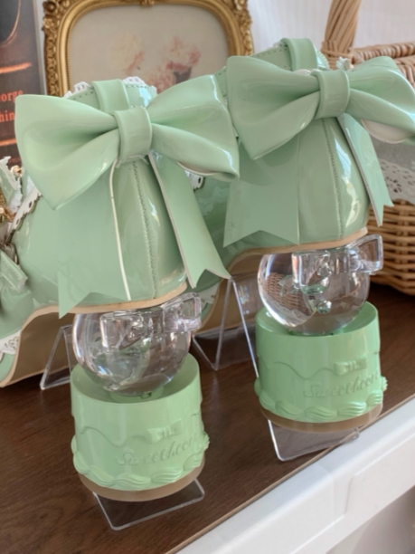 Green in Sweet Lace-trimmed Bow Platform Transparent Heels Ball - Lolita Light Shoes
