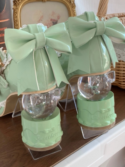 Green in Sweet Lace-trimmed Bow Platform Transparent Heels Ball - Lolita Light Shoes