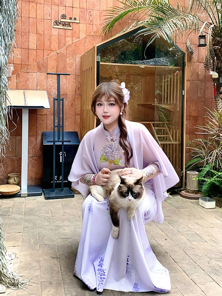 チーパオデザインドレス プラスサイズ チャイナドレススタイル パープルプリント ケープウィステリア
