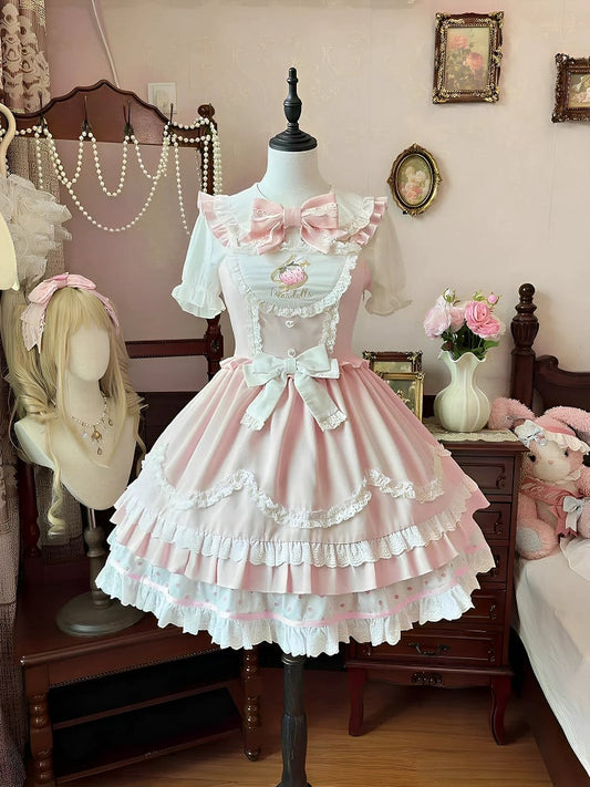 Süßes Lolita-Kleid mit gewelltem Rand und Erdbeerstickerei, Hellrosa JSK