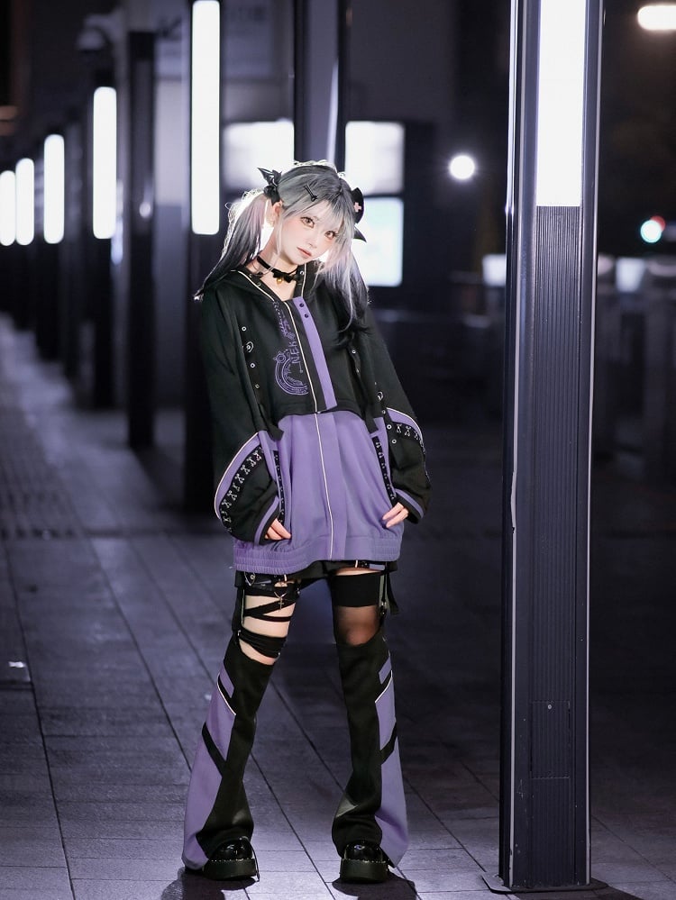 Purple J-Style Set: Futuristic Detachable Cyberpunk Black Jacket and Coord