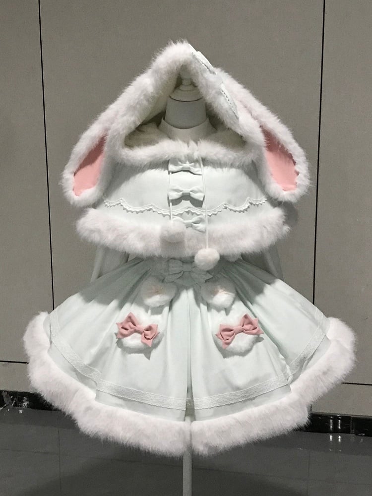 White Green Ears Mint Winter with Trimming Bunny Plush Hooded Cape