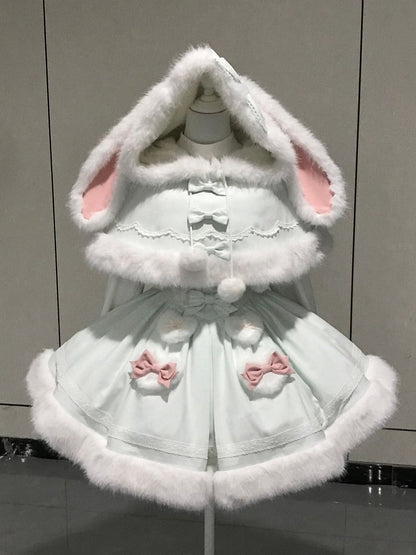 White Green Ears Mint Winter with Trimming Bunny Plush Hooded Cape