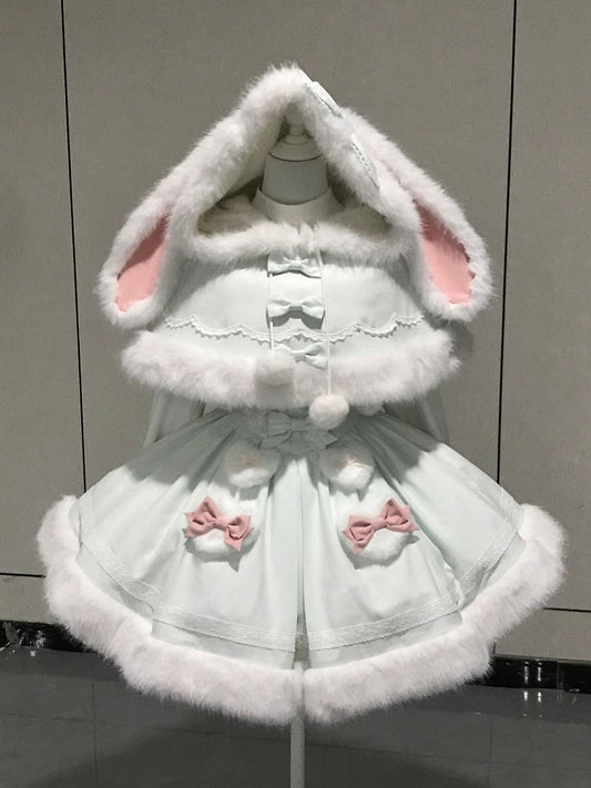 White Green Ears Mint Winter with Trimming Bunny Plush Hooded Cape