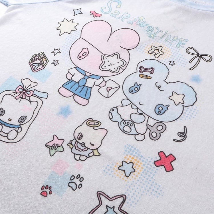 BlackWhite/PinkBlue Bunny  Kitten Print Long Sleeve Top - Daily Kawaii Colorblock Design