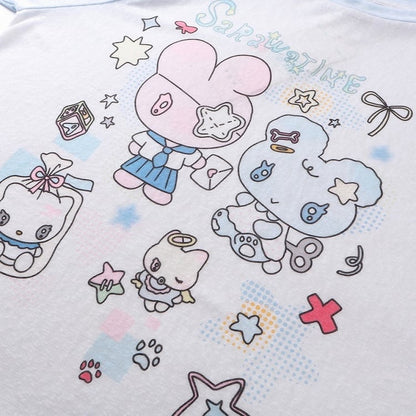 BlackWhite/PinkBlue Bunny  Kitten Print Long Sleeve Top - Daily Kawaii Colorblock Design