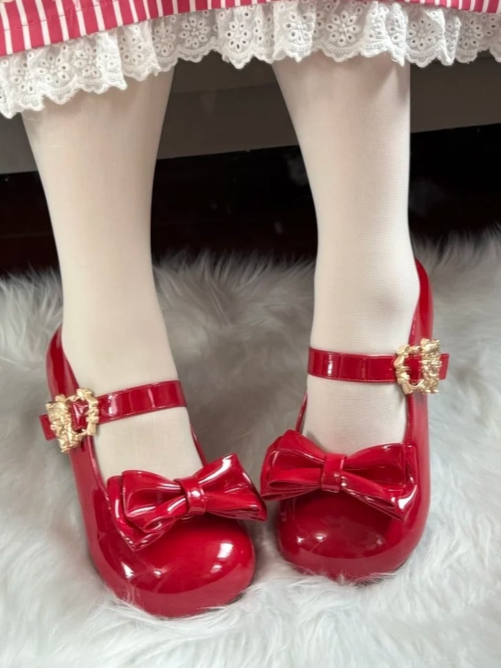 Sweet Mary with Buckle Lolita - Red Round Toe Janes Accents Bow Kitten Delicate
