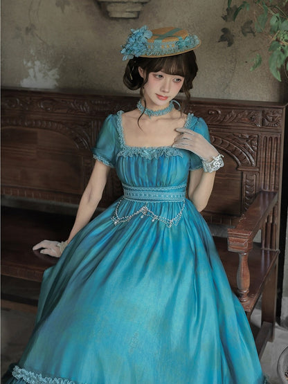 Ruffle Teal Lolita Dress with Chain, Choker & Hat Set - Classic - With PUJI