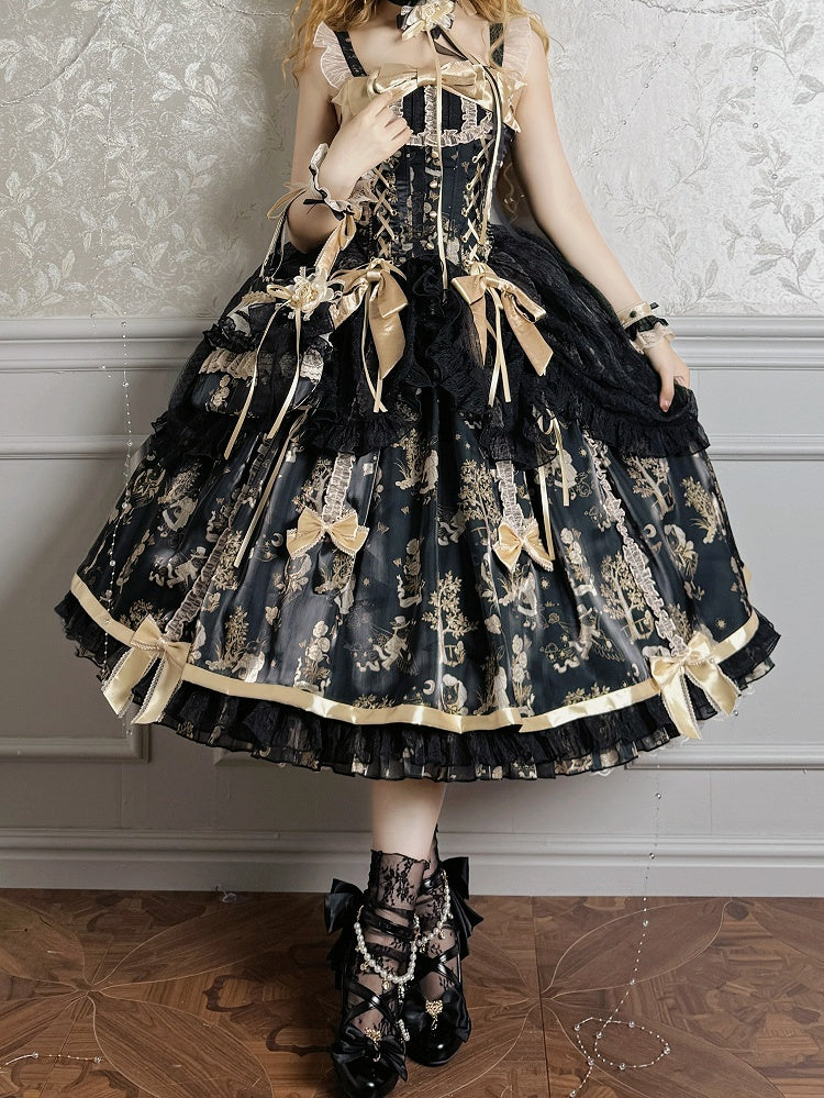 Waist Overlay Lolita and Drawstring Jumper Skirt Corset Black Gold