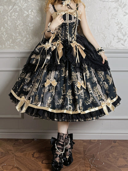 Taillenüberzug Lolita und Kordelzug Pulloverrock Korsett Schwarz Gold