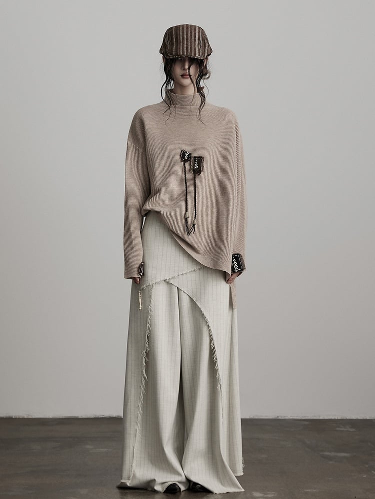 Asymmetrical Goth Frayed Apricot Pants Urban Wide-Leg Cut Striped