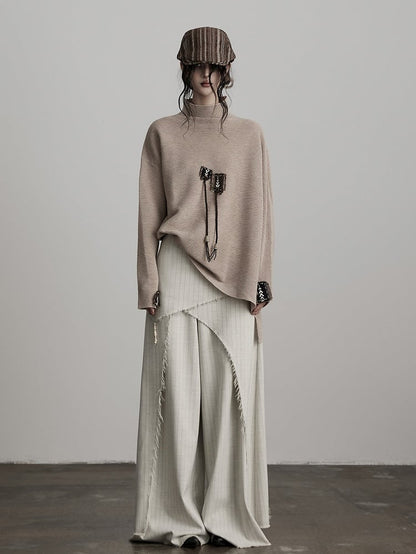 Asymmetrical Goth Frayed Apricot Pants Urban Wide-Leg Cut Striped