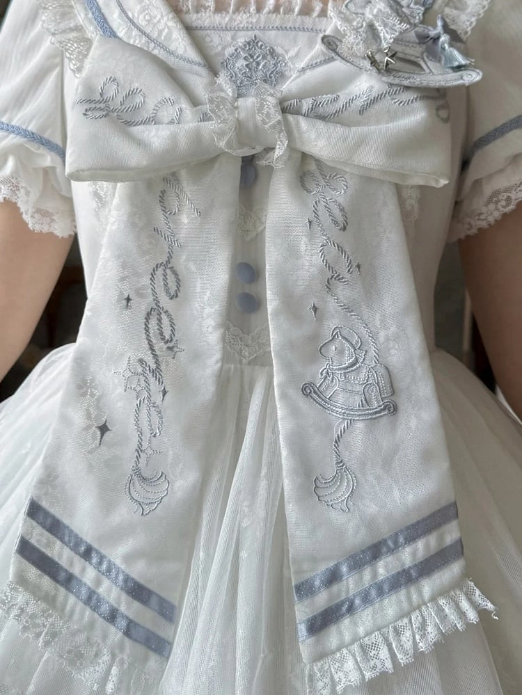Ivory and Azure Lace Sailor Gown with Stitched Accents - Honey Machine