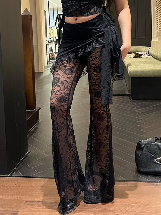 Flare Gothic Black Set: Halloween Floral Draped Embroidered Skirt Pants + with Asymmetrical Tie