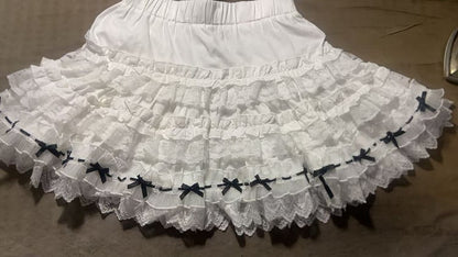 with Trims Skirt Black Elastic Ruffle Small Bows Waist White