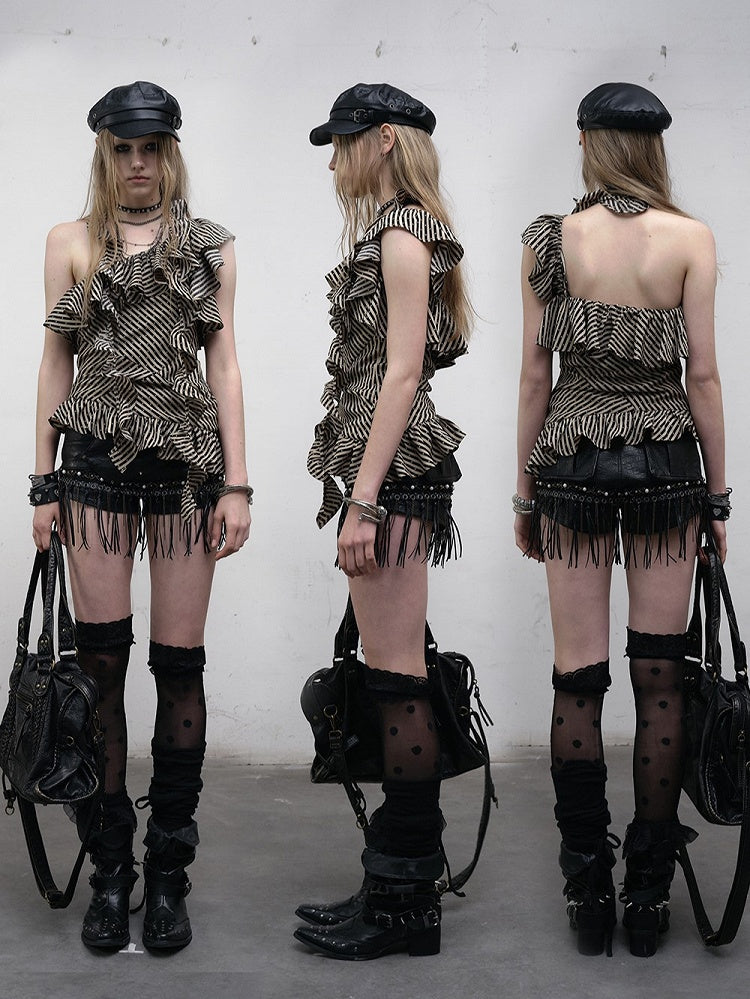 Cascading Top Khaki Asymmetrical Ruffles Star with Black Patterns Neckline Striped