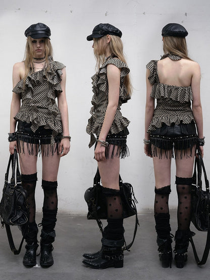 Cascading Top Khaki Asymmetrical Ruffles Star with Black Patterns Neckline Striped